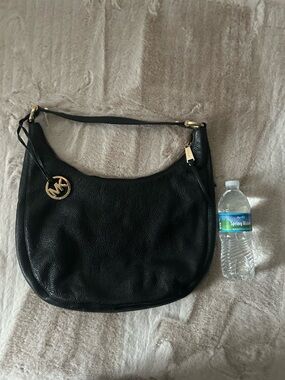 Michael Kors Black Pebbled Leather Hobo Shoulder Bag with Gold Logo Charm